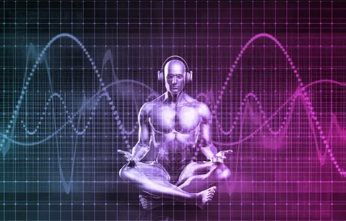 A seated figure wearing headphones, brainwave traces sweeping behind.
